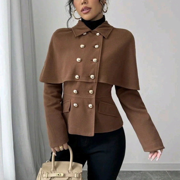 Collared Double Breasted Fitted Cape Jacket - Picture 4 of 6